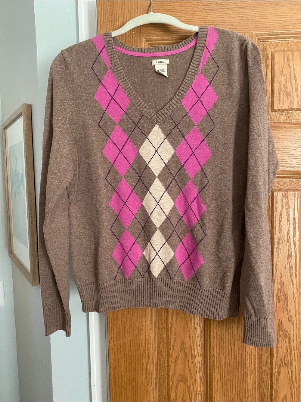 Izod Brown V-Neck Sweater with Pink and Cream Argyle